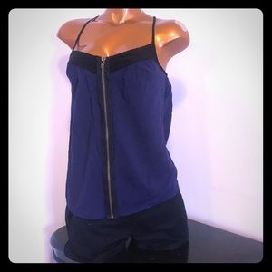 Charlotte Russe Womens Sz S Navy Blue & Black Strappy Flowy Top Gold Zipper